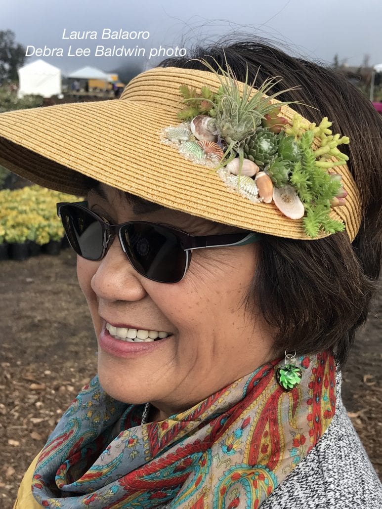 Succulent-decorated hats and art-to-wear