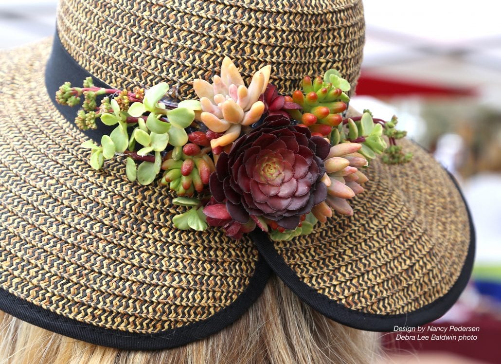 Succulent decorated hats and art-to-wear