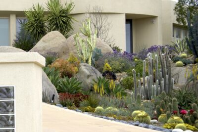 Aloes, agaves, cacti, yucca, statice, Euphorbia ammak 'Variegata' Succulent driveway (c) Debra Lee Baldwin