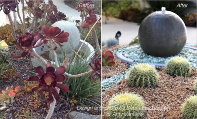 Ball fountain surrounded by a circular garden of colorful succulents