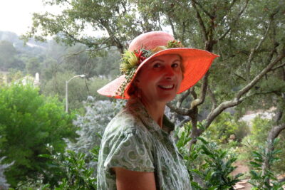 Debra Lee Baldwin in succulent decorated hat