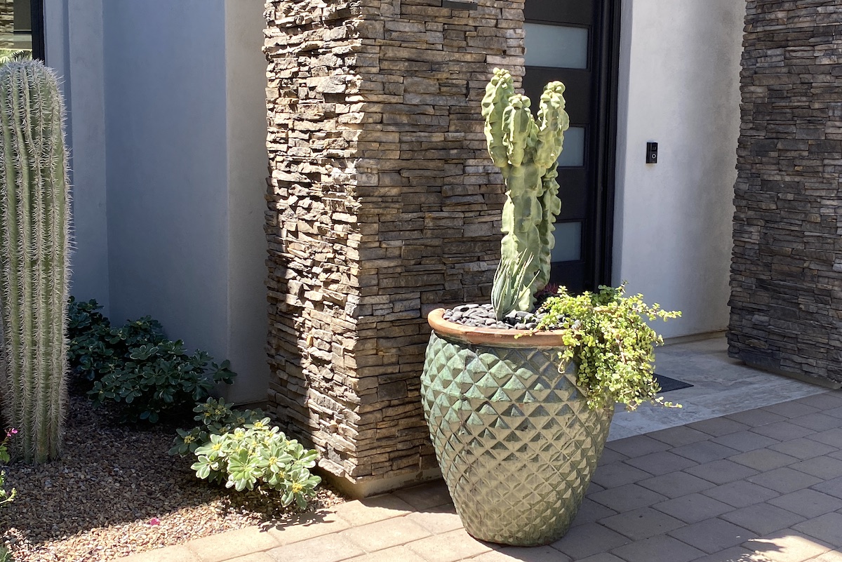Entry pot with totem pole cacti in Phoenix (c) Debra Lee Baldwin 