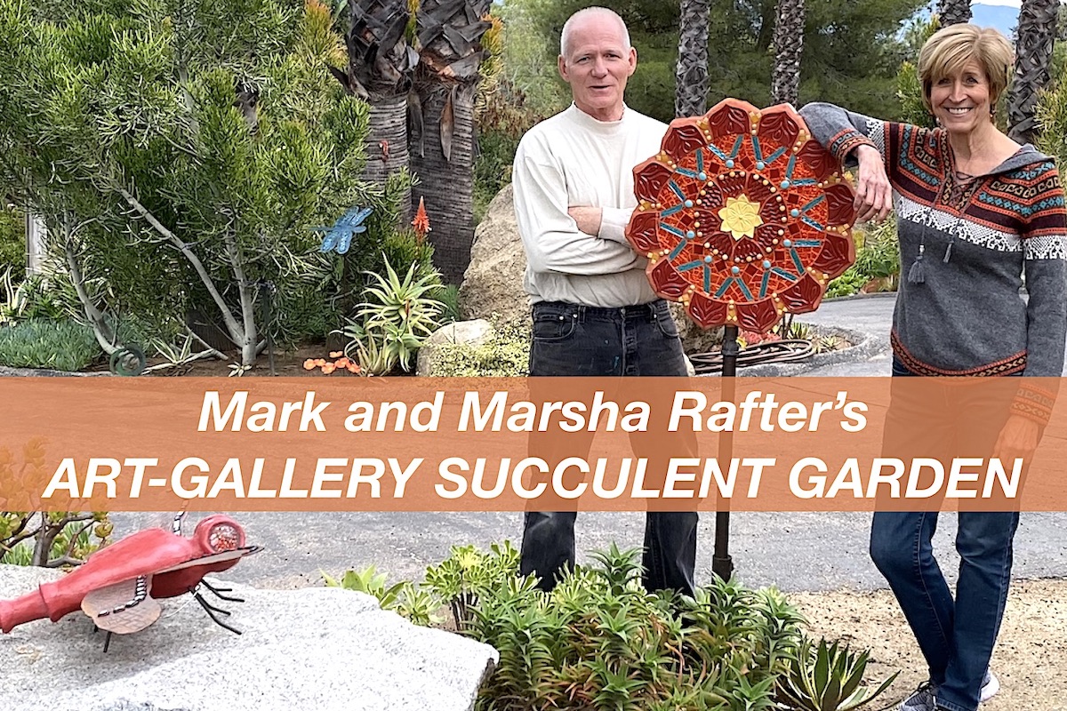 Artist Mark and Marsha Rafter in their art-gallery garden 