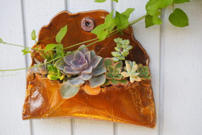 Floral style succulent arrangement in ceramic wall pocket (c) Debra Lee Baldwin