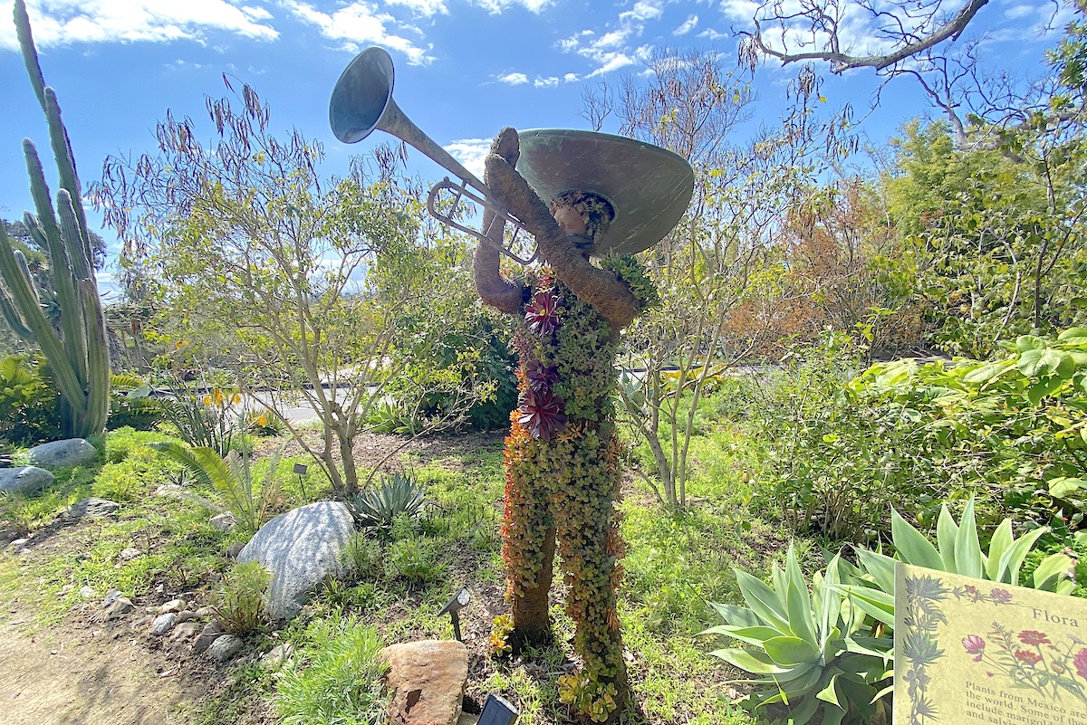 Succulent mariachi topiary trumpet player at the entrance to the San Diego Botanic Garden's Mexican garden