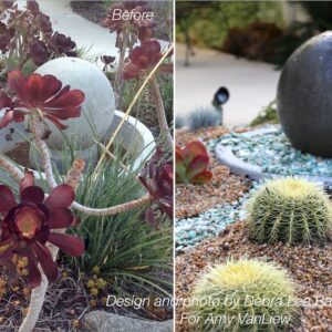 Ball fountain surrounded by a circular garden of colorful succulents