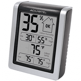 AcuRite 00613 Humidity Monitor with Indoor Thermometer, Digital Hygrometer and Humidity Gauge Indicator, about $10 on Amazon. 